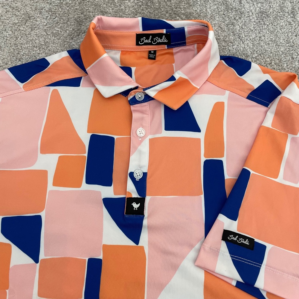 Bad Birdie Polo Mens Medium Retro Geometric Abstract Golf Orange Pink Blue
